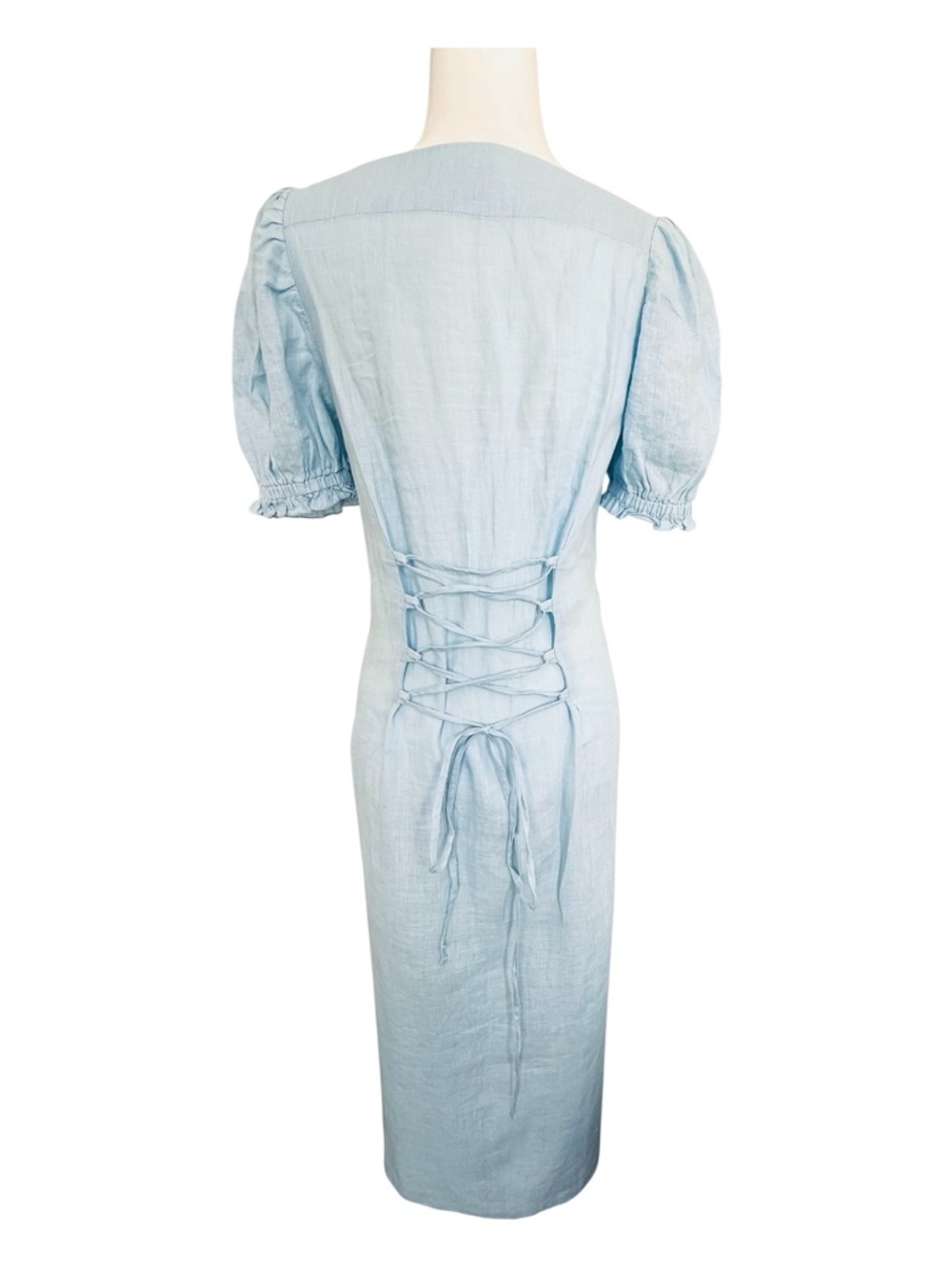 Sleeper Marquise Lace-Up Linen Midi Dress Blue Puff Sleeve Corset Cottagecore M - Picture 7 of 12